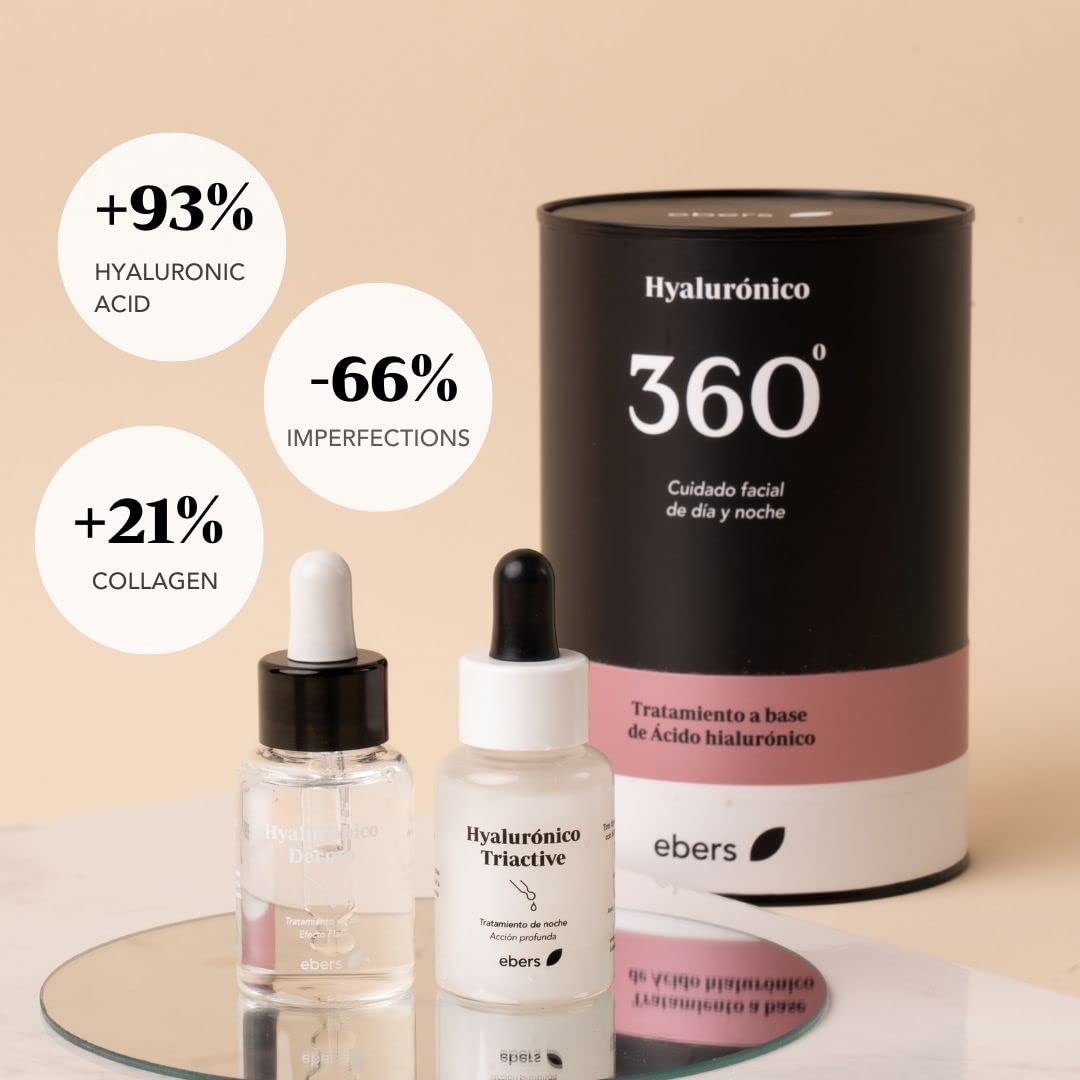 Ebers Hyalurónico 360º. Tratamiento intensivo día y noche a base de ácido hialurónico. Fórmula vegana. Hyaluronico Dermo (día) 30 ml + Hyarluronico Triactive (noche) 30 ml