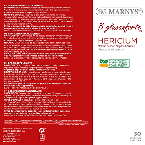 Hericium BIO MARNYS - Melena de León cápsulas Con elevada concentración - Bienestar Mental, Gástrico y de las Defensas - 30 cápsulas vegetales
