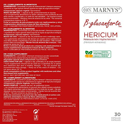 Hericium BIO MARNYS - Melena de León cápsulas Con elevada concentración - Bienestar Mental, Gástrico y de las Defensas - 30 cápsulas vegetales