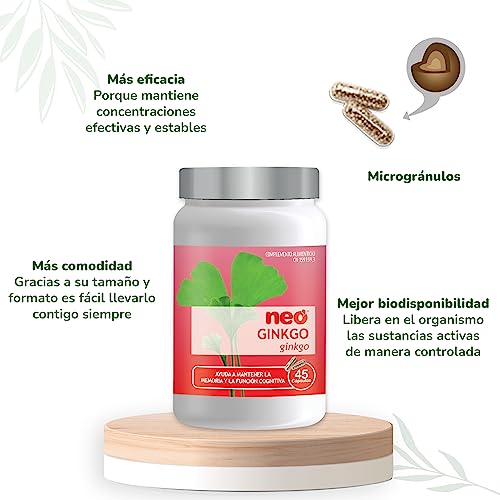 NEO | Extracto de Ginkgo Biloba | 45 Cápsulas | Ayuda a Mejorar la Circulación | Favorece la Memoria y la Concentración | 200 mg | Complemento Alimenticio Natural