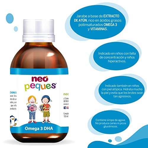 NEO PEQUES | Jarabe Infantil Omega 3 DHA | 150 ml | Ayuda a Mejorar la Concentración | A Base de Omega 3 DHA y Vitaminas | Delicioso Sabor Fresa