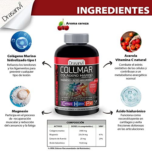 DRASANVI COLLMAR COMPRIMIDOS MASTICABLES - COLÁGENO Marino + Magnesio + Vitamina C + Ácido hiaulorónico - Sabor CHOCO GALLETA - 180 comprimidos