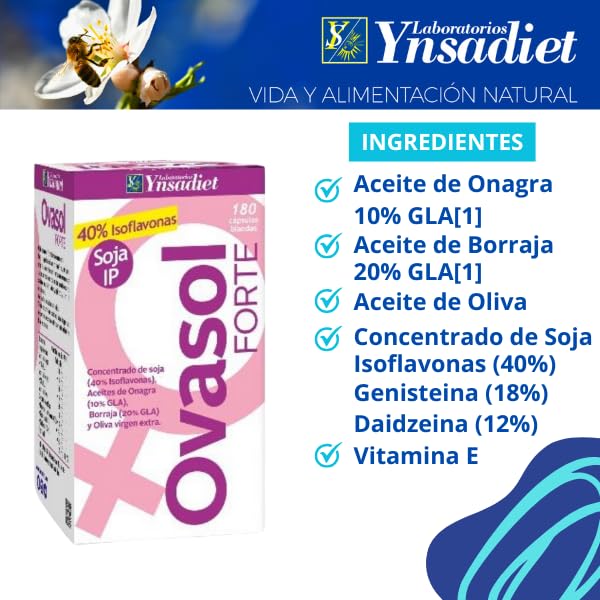 Ovasol Forte 180 cápsulas blandas | Isoflavonas de soja + Onagra + Borraja + Oliva virgen extra | Con Vitamina E | Apto para veganos | Laboratorios Ynsadiet