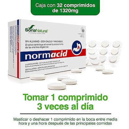 Soria Natural Normacid New - Magnesio, Calcio, Potasio - Alivia la Acidez Estomacal, Indigestión, Pesadez - 32 comprimidos