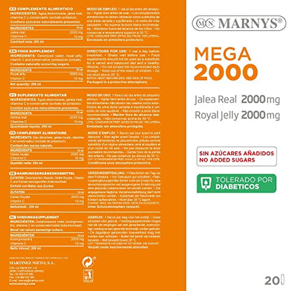 Marnys Jalea Real Mega 2000 - Energía para los cambios estacionales - Apto para diabéticos - 20 cómodos viales bebibles 359 g