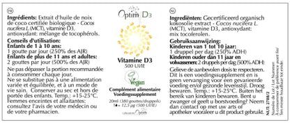 Vitamina D en gotas 500 UI vegana origen vegetal | liquen natural | Suplemento Bebe, niños, adultos, embarazo | Optim D3