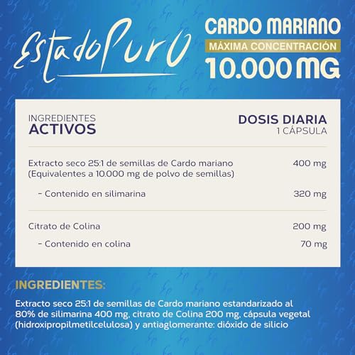 Cardo Mariano Estado Puro 10000 mg | Extracto de Semillas Concentrado 25:1 con 80% Silimarina y Colina | Apoyo para el Hígado, Limpieza y Detox | 40 Cápsulas de Tongil
