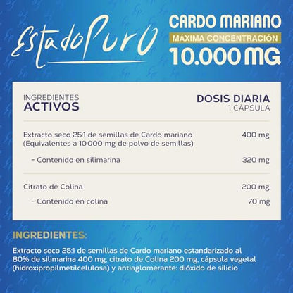 Cardo Mariano Estado Puro 10000 mg | Extracto de Semillas Concentrado 25:1 con 80% Silimarina y Colina | Apoyo para el Hígado, Limpieza y Detox | 40 Cápsulas de Tongil
