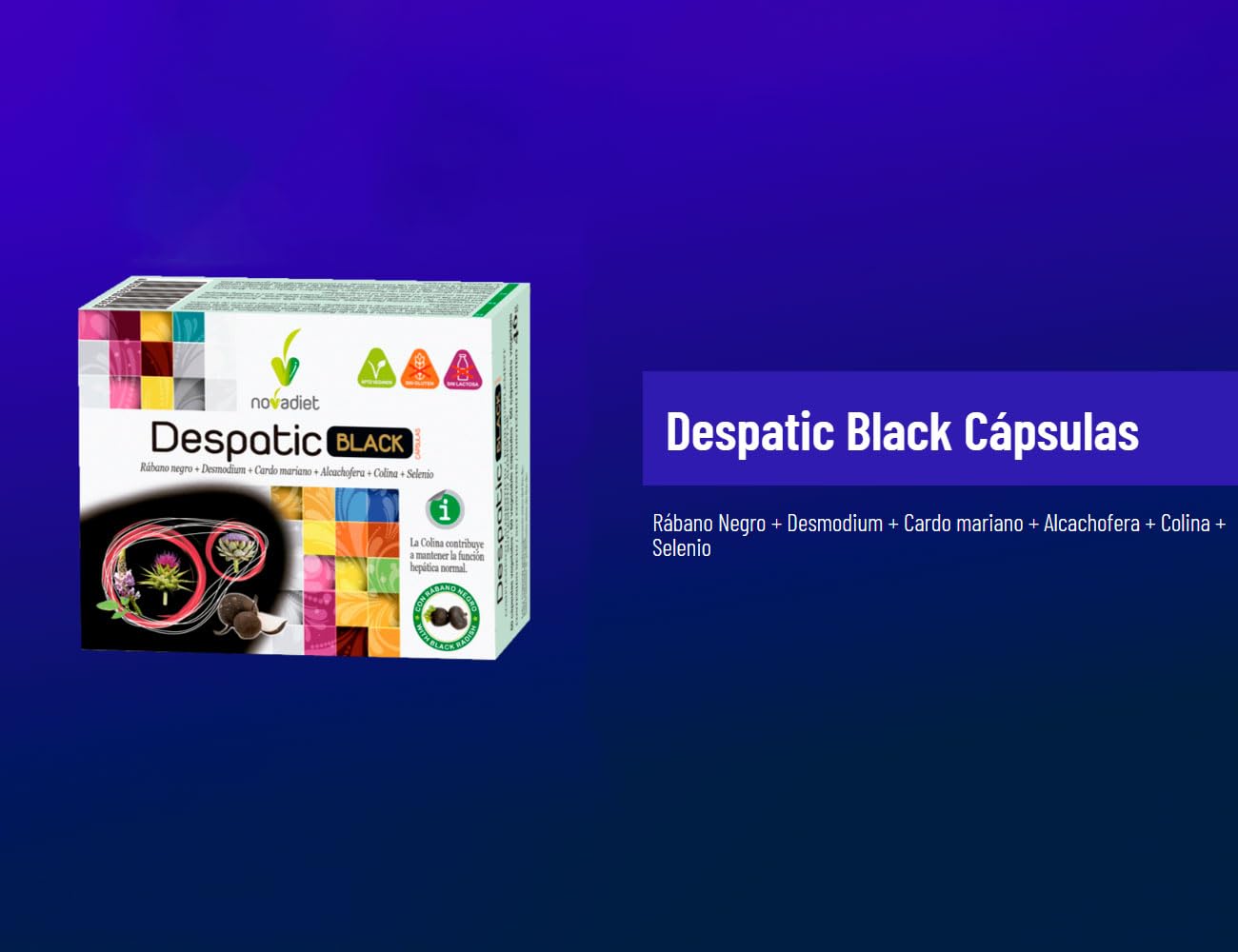 Novadiet - DESPATIC BLACK CÁPSULAS con Rábano Negro, Desmodium, Cardo Mariano, Alcachofera, Colina y Selenio - Apoyo para la Función Hepática y Digestiva - 60 Cápsulas Vegetales
