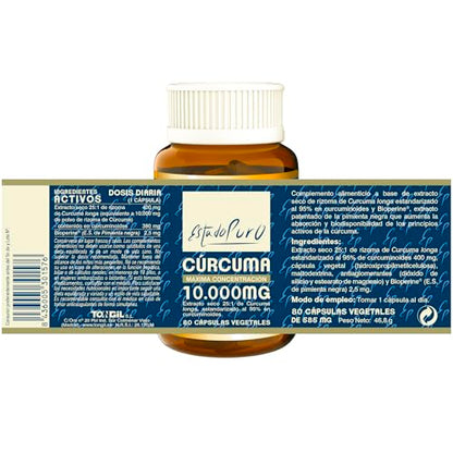 Cúrcuma con Pimienta Negra | Cúrcuma Estado Puro 10000mg | Antiinflamatorio Natural, 25x Veces Más Concentrada, Tres Tipos de Curcumina | 80 Cápsulas de Cúrcuma Tongil