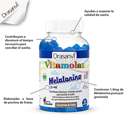 DRASANVI gominolas de Melatonina | Ayudan a dormir | Sueño de Calidad | 1,9mg de melatonina cada una |Vegano | Sabor Ciruela | Bote 60 Gominolas
