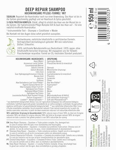 SANTE Naturkosmetik Deep Repair - Champú escualano + complejo de proteínas de 3 capas, champú vegano para el cuidado del cabello suave y brillante, repara el cabello seco y dañado, 950 ml