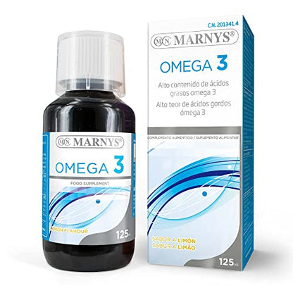 Marnys OMEGA 3 - Formato Líquido y con Sabor a Limón - Facilita la función Cardíaca y Neurológica -Botella 125 ml 258 g