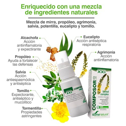 Soria Natural Composor 01 Farinol Complex – Con Mirra, propóleo, agrimonia, salvia, potentilla, eucalipto y tomillo - Sensación de suavidad y frescor a boca y garganta - Salud boca y garganta - 30ml