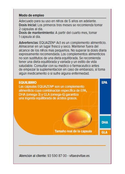 Vitae Equazen Act 60 cápsulas | Fórmula única de Omega 3 y 6 | Alto poder nutricional (EPA, DHA y GLA) | Atención, concentración, memoria y rendimiento