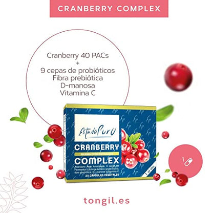 Cranberry Complex Estado Puro - Complemento Alimenticio de Arándano Rojo Americano con 9 cepas de probióticos, fibra prebiótica, D-manosa y Vitamina C - 30 Cápsulas Veganas de Tongil