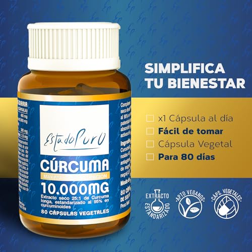 Cúrcuma con Pimienta Negra | Cúrcuma Estado Puro 10000mg | Antiinflamatorio Natural, 25x Veces Más Concentrada, Tres Tipos de Curcumina | 80 Cápsulas de Cúrcuma Tongil