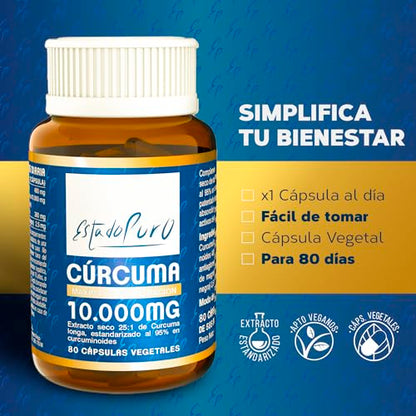 Cúrcuma con Pimienta Negra | Cúrcuma Estado Puro 10000mg | Antiinflamatorio Natural, 25x Veces Más Concentrada, Tres Tipos de Curcumina | 80 Cápsulas de Cúrcuma Tongil