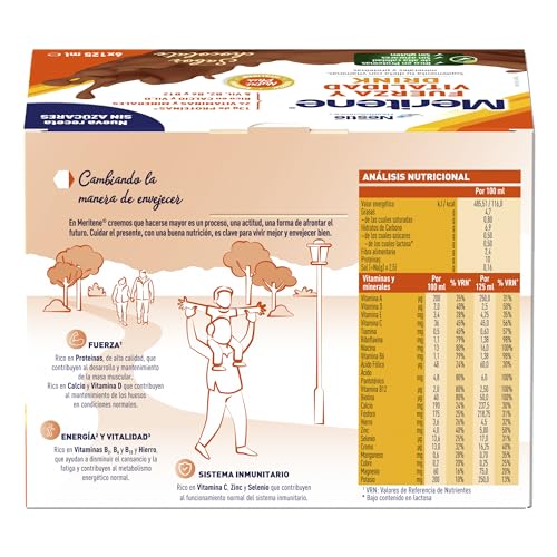 Meritene | Fuerza y Vitalidad | Suplemento Alimenticio | Listo para Tomar | Batido con Proteínas Vitaminas y Minerales | Sabor Chocolate | Refuerzo del Sistema Inmunitario | 6 Unidades | 125 ml