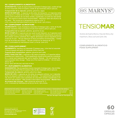 Tensiomar MARNYS, Para la tensión arterial, Favorece la Normal Función del Corazón, Cápsulas de Aceite de Espino Blanco, Olivo y Ajo, 60 Cápsulas