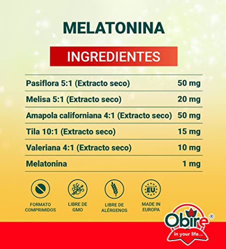 Obire | Melatonina Complex 1 mg | 60 Comprimidos | Ayuda para Dormir Bien | Efecto Relajante | Con Pasiflora, Amapola Californiana, Melisa, Tila y Valeriana