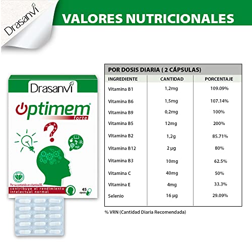 DRASANVI Optimem Forte con Fosfatidilserina, Fosfatidilcolina y Aminoácidos| Sistema Nervioso y rendimiento intelectual | con Vitaminas del Grupo B, ácido fólico y Selenio |45 Cápsulas = 22 Días