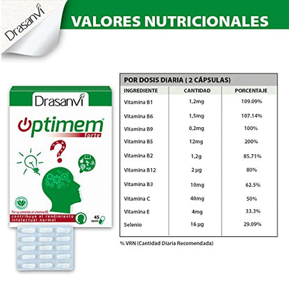 DRASANVI Optimem Forte con Fosfatidilserina, Fosfatidilcolina y Aminoácidos| Sistema Nervioso y rendimiento intelectual | con Vitaminas del Grupo B, ácido fólico y Selenio |45 Cápsulas = 22 Días