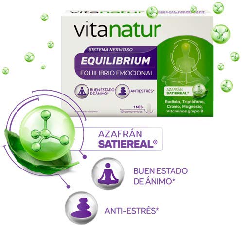 Vitanatur - Equilibrium (1), Complemento Alimenticio, con Azafrán, Rodiola, Triptófano y Vitamina B, Ingredientes que ayudan en Situaciones de Estrés (1) y el Estado de Ánimo (1) - 60 Comprimidos