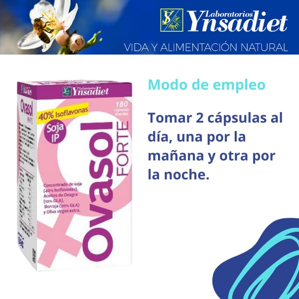 Ovasol Forte 180 cápsulas blandas | Isoflavonas de soja + Onagra + Borraja + Oliva virgen extra | Con Vitamina E | Apto para veganos | Laboratorios Ynsadiet