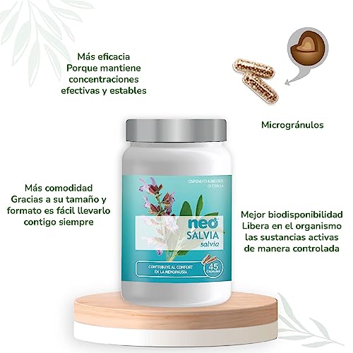 NEO | Extracto Seco de Hojas de Salvia | 45 Cápsulas | 200 mg | Ayuda a Mejorar los Síntomas de la Menopausia | Suplemento Alimenticio Natural con Ácido Rosmarínico