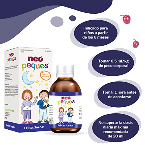 NEO PEQUES | Jarabe Infantil Felices Sueños | 150 ml | Para Problemas de Sueño e Inquietud en Niños | Ayuda a Dormir Mejor | Con Melisa, Tilo, L-Triptófano, Magnesio y Vitamina B6