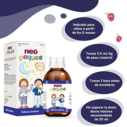 NEO PEQUES | Jarabe Infantil Felices Sueños | 150 ml | Para Problemas de Sueño e Inquietud en Niños | Ayuda a Dormir Mejor | Con Melisa, Tilo, L-Triptófano, Magnesio y Vitamina B6