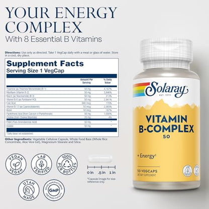 SOLARAY® B complex 50. 50 VegCaps. Las Vitaminas B contribuyen al normal funcionamiento del sistema nervioso. Sin gluten. Apto para veganos.