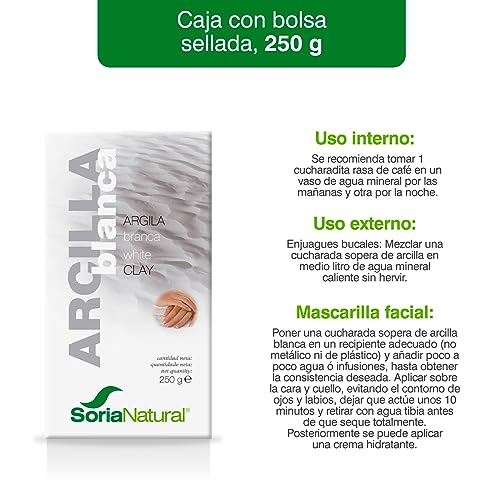 Soria Natural Arcilla blanca – Limpia en Profundidad – 100% de Pureza, Textura Fina, Origen Natural - Puede Utilizarse como Mascarilla Facial, Enjuague Bucal – Uso Interno y Externo – Bolsa de 250g.