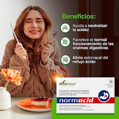 Soria Natural Normacid New - Magnesio, Calcio, Potasio - Alivia la Acidez Estomacal, Indigestión, Pesadez - 32 comprimidos