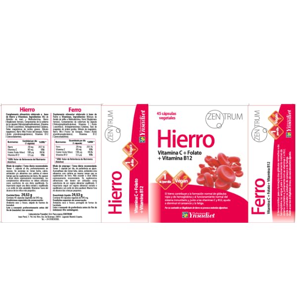 Hierro Bisglicinato con Vitamina C, B12 y Ácido Fólico | 45 Cápsulas Vegetales | Alta Absorción | Disminuye el Cansancio y la Fatiga | Laboratorios Ynsadiet