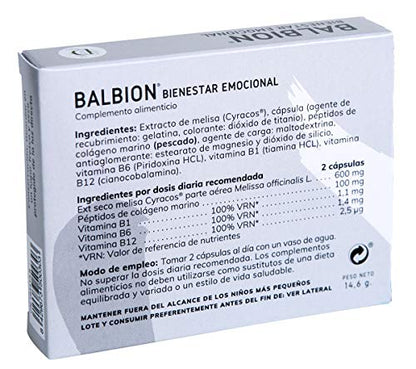 DIMEFAR - Balbion - Ansiedad + Estrés - Melisa Extracto - Péptidos Marinos - Vitaminas B1, B6, B12, 30 Cápsulas | Contra Ansiedad y Estrés | Equilibrio Sistema Nervioso
