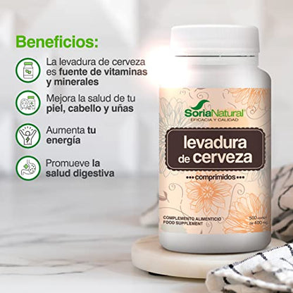 Soria Natural Levadura de Cerveza - Comprimidos para Mantener la Salud de la Piel, Cabello y Uñas - Mejora la salud digestiva y ayuda a reducir el cansancio - 500 comprimidos