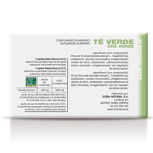 Soria Natural Té Verde Comprimidos - Propiedades Antioxidantes y Diuréticas – Con Camellia Sinensis L. - Aliado en tus Dietas de Control de Peso - 60 Comprimidos de 600 mg