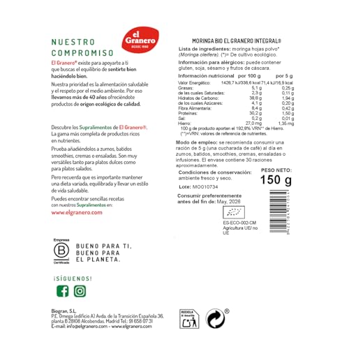 El Granero Integral - Moringa Ecológica de 150 g - Ayuda al Funcionamiento Normal del Metabolismo Energético - Rico en Proteínas, Hierro y Antioxidantes - Apto para Veganos