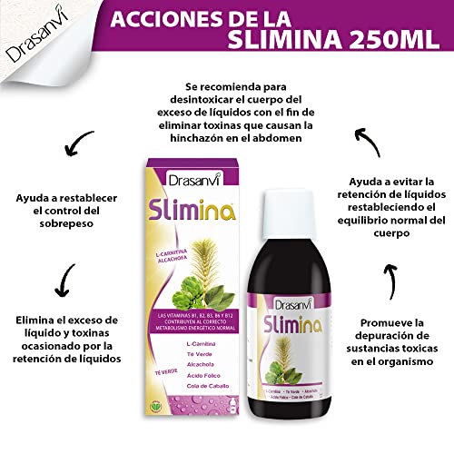 DRASANVI SLIMINA - Cola de Caballo + Alcachofa + Té Verde + Vitaminas B1, B2, B3 B6, B12 - Contribuye al correcto metabolismo energético - VEGANO - SIN GLUTEN