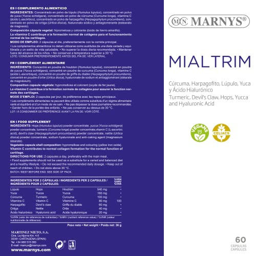 Cápsulas Cúrcuma, Lúpulo, Yuca y Ácido Hialurónico para el alivio y movilidad - Mialtrim - Activos naturales para Tus Músculos, Huesos Y Articulaciones -60 Cápsulas Vegetales