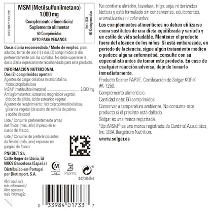 Solgar - MSM 1000 mg (Metil Sulfonil Metano) - 60 Comprimidos