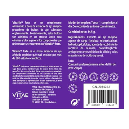 Vitae Vitarlic Forte 30 comprimidos | Complemento Alimenticio Natural | Ajo Añejado | Colesterol