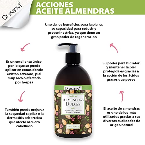 DRASANVI Aceite de Almendras Dulces con Vitamina A y E | Aporta ácidos Grasos Esenciales| Reduce Arrugas y Estrías | Hidrata y Nutre la Piel y el Cabello | uso Tópico o Emoliente| 500 ml