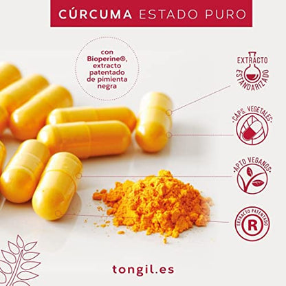 Cúrcuma con Pimienta Negra | Cúrcuma Estado Puro 10000mg | Antiinflamatorio Natural, 25x Veces Más Concentrada, Tres Tipos de Curcumina | 80 Cápsulas de Cúrcuma Tongil