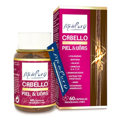 Cabello Piel y Uñas Estado Puro | Vitaminas para el Pelo | Biotina, Zinc, Saw Palmetto, Espino Amarillo | Anticaida Cabello Mujer y Hombre | Tratamiento 1 Mes | 60 Cápsulas Tongil