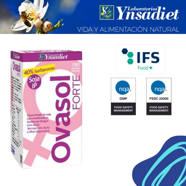 Ovasol Forte 180 cápsulas blandas | Isoflavonas de soja + Onagra + Borraja + Oliva virgen extra | Con Vitamina E | Apto para veganos | Laboratorios Ynsadiet