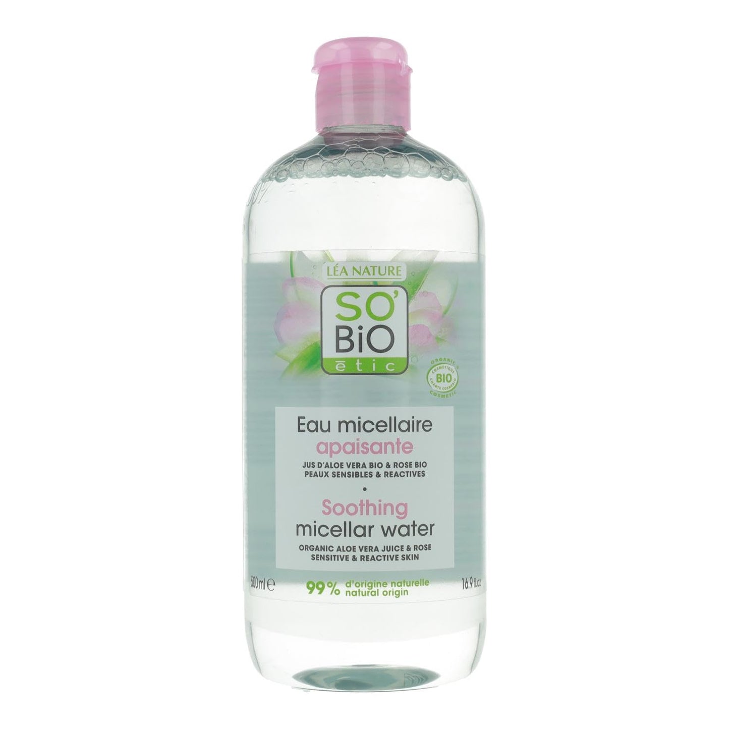 So Bio Etic Agua micelar calmante orgánica | Infundida con jugo de aloe vera y rosa | Para tipos de piel sensible a reactiva | 500 ml