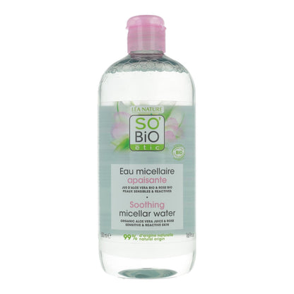 So Bio Etic Agua micelar calmante orgánica | Infundida con jugo de aloe vera y rosa | Para tipos de piel sensible a reactiva | 500 ml